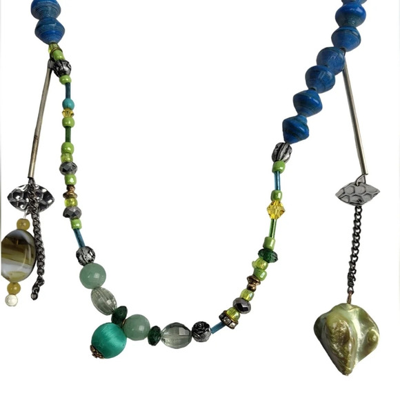 Blue Paper Beads assemblage Drop Bar Chain Rose Beads Necklace - Picture 2 of 5